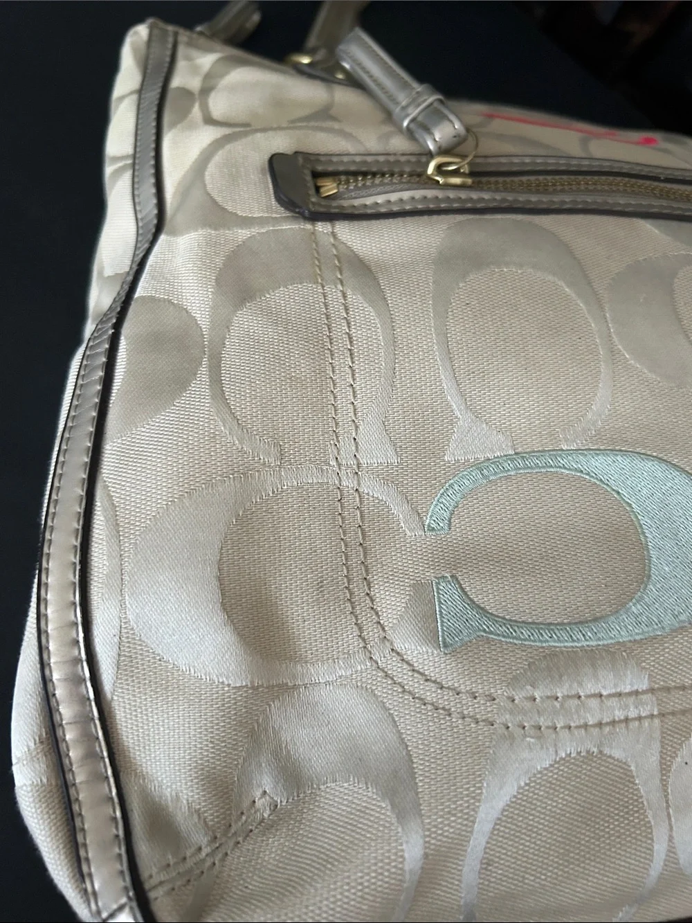 Coach Beige Signature Shoulder Tote with Multicolor 'C' Accents